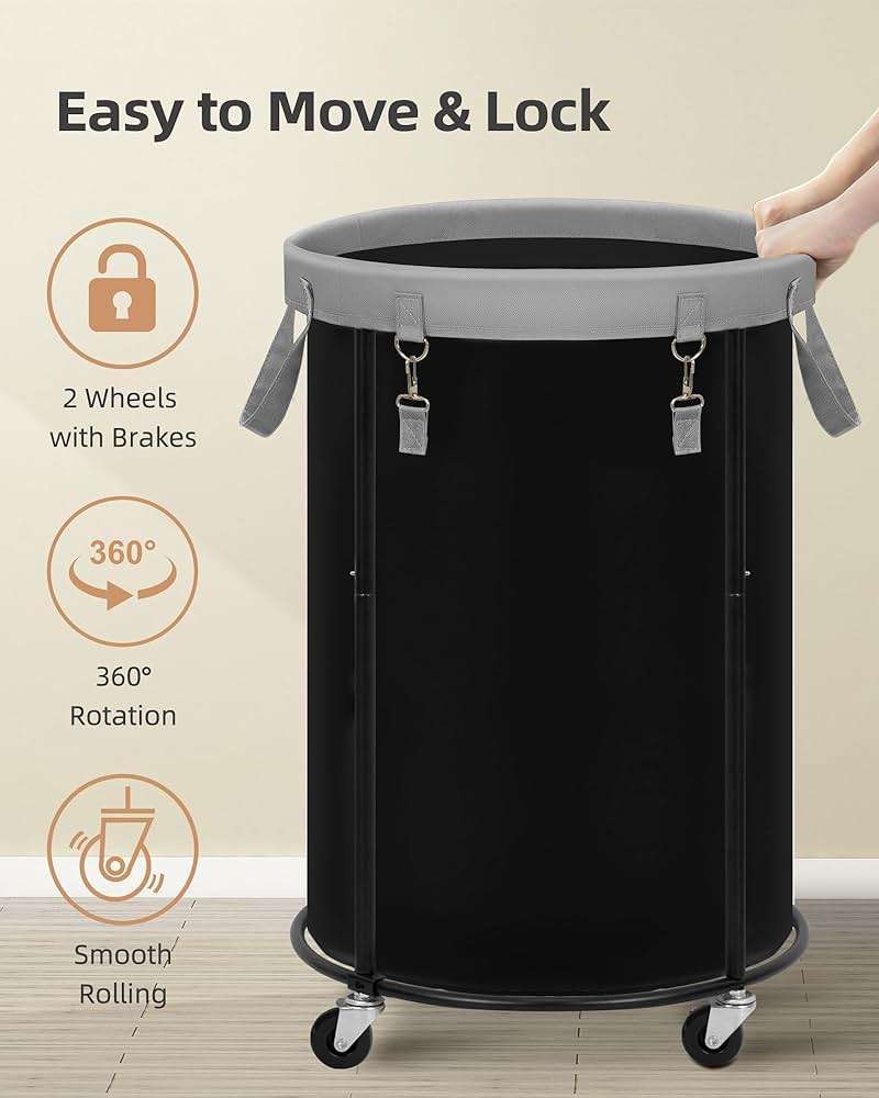 STORAGE MANIAC Rolling Laundry Hamper with Wheels 110L Laundry Basket, Round Laundry Cart with Metal Frame and Removable Bag, Clothes Hamper for Bedroom, Bathroom, Dorm Room, Laundry Room, Black - Image 5