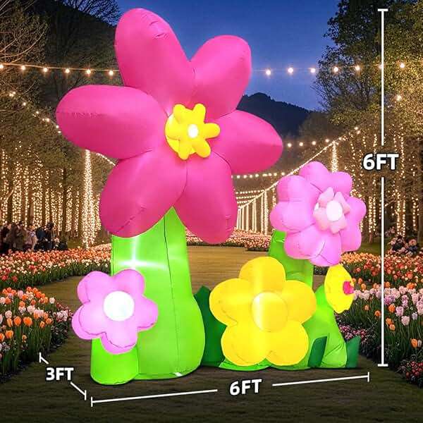 KOOY 6FT Spring Easter Inflatable Flowers Outdoor Decoration Multi-Colored Blow up Flowers Decorations, Built-in LED Lights for Spring Summer Easter Outdoor Garden Lawn Yard Party - Image 3