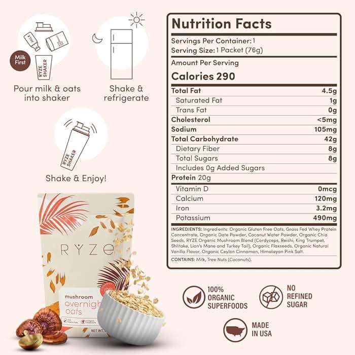 RYZE SUPERFOODS Mushroom Protein Overnight Oats, Oatmeal with 6 Adaptogenic Mushrooms and 20g Grass-Fed Whey Protein & Chia Seeds, Lions Mane, Turkey Tail, Shiitake, Reishi, Healthy Breakfast. 14 Servings. - Image 2