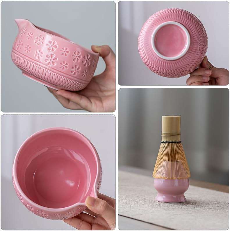 Buucup Matcha Whisk Set, Ceramic Matcha Kit Set Includes Matcha Bowl, Matcha Whisk and Holder, Bamboo Scoop, Scoop Rest, Sifter and Tea Towel - 7 Pcs Matcha Kit for Matcha Lovers (Pink) - Image 5