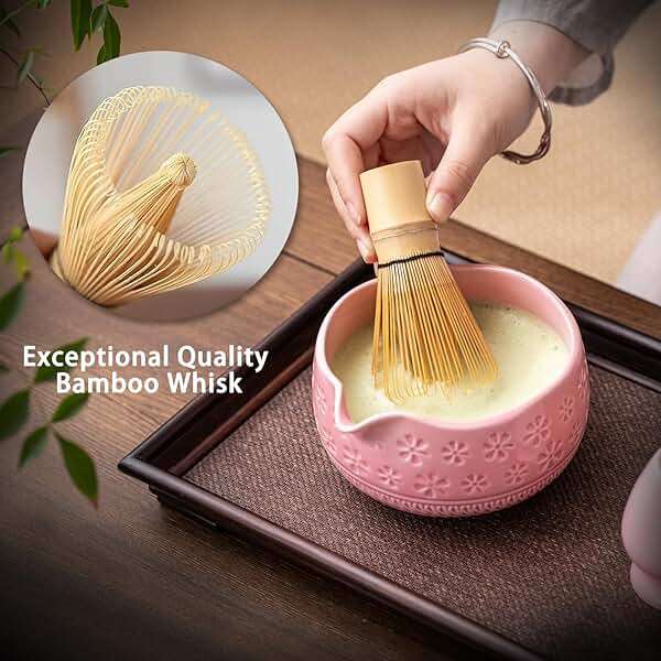 Buucup Matcha Whisk Set, Ceramic Matcha Kit Set Includes Matcha Bowl, Matcha Whisk and Holder, Bamboo Scoop, Scoop Rest, Sifter and Tea Towel - 7 Pcs Matcha Kit for Matcha Lovers (Pink) - Image 6