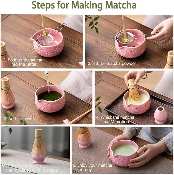 Buucup Matcha Whisk Set, Ceramic Matcha Kit Set Includes Matcha Bowl, Matcha Whisk and Holder, Bamboo Scoop, Scoop Rest, Sifter and Tea Towel - 7 Pcs Matcha Kit for Matcha Lovers (Pink) - Image 7