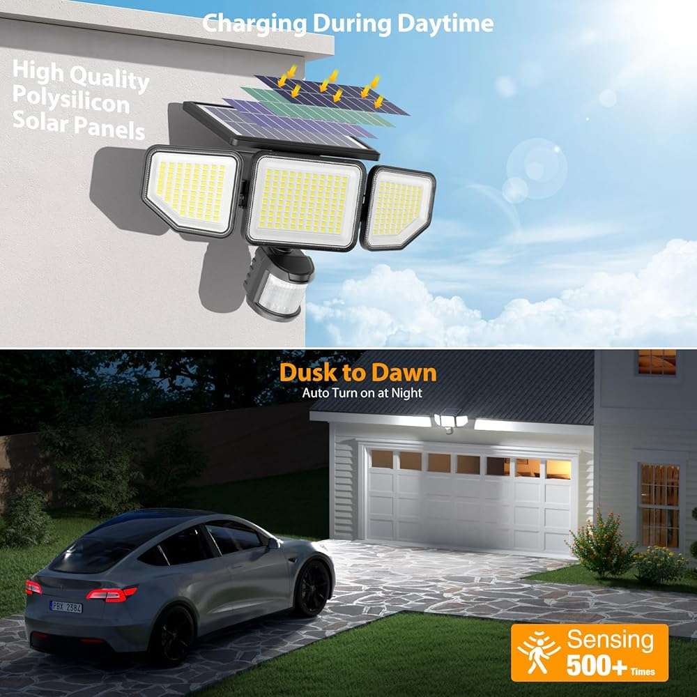 Onforu 4500LM Solar Lights Outdoor, 3 Heads Security Lights with Remote Control, IP65 Waterproof Motion Sensor Lights, 3 Modes Flood Lights for Wall, Porch, Yard, Outside, 2 Pack - Image 6