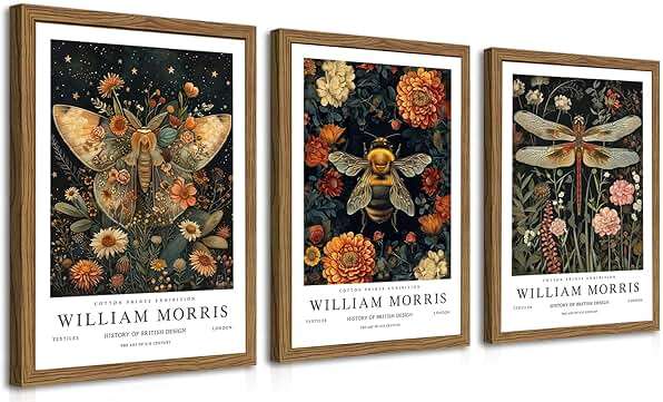 Wood Frame William Morris Wall Art Set of 3, Vintage Animal Bee Butterfly Dragonfly Posters Prints, Botanical Nature Flower Canvas Wall Decor Paintings for Living Room Bedroom Bathroom 12x16In Framed - Image 1