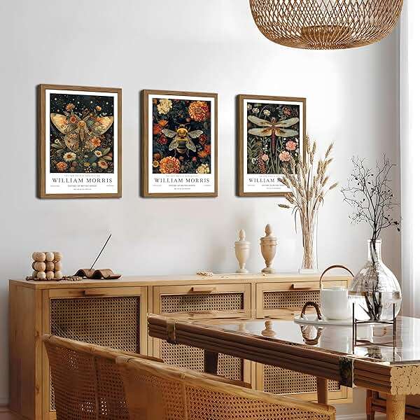 Wood Frame William Morris Wall Art Set of 3, Vintage Animal Bee Butterfly Dragonfly Posters Prints, Botanical Nature Flower Canvas Wall Decor Paintings for Living Room Bedroom Bathroom 12x16In Framed - Image 4