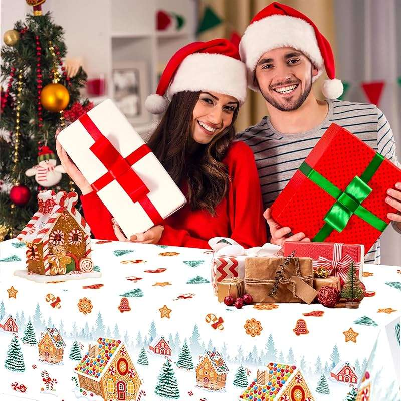 PHOGARY 2 Pack Christmas Tablecloths Gingerbread Tablecloth, Gingerbread House Tablecloths Disposable Christmas Plastic Tablecloth for Winter Holiday Party Ginger Bread Xmas Decorations 51"X86" - Image 2