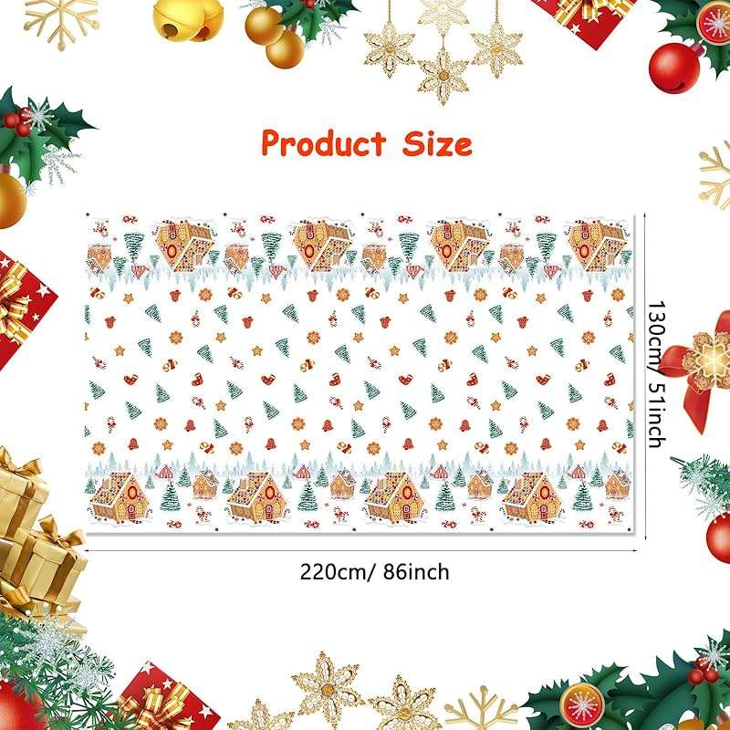 PHOGARY 2 Pack Christmas Tablecloths Gingerbread Tablecloth, Gingerbread House Tablecloths Disposable Christmas Plastic Tablecloth for Winter Holiday Party Ginger Bread Xmas Decorations 51"X86" - Image 3