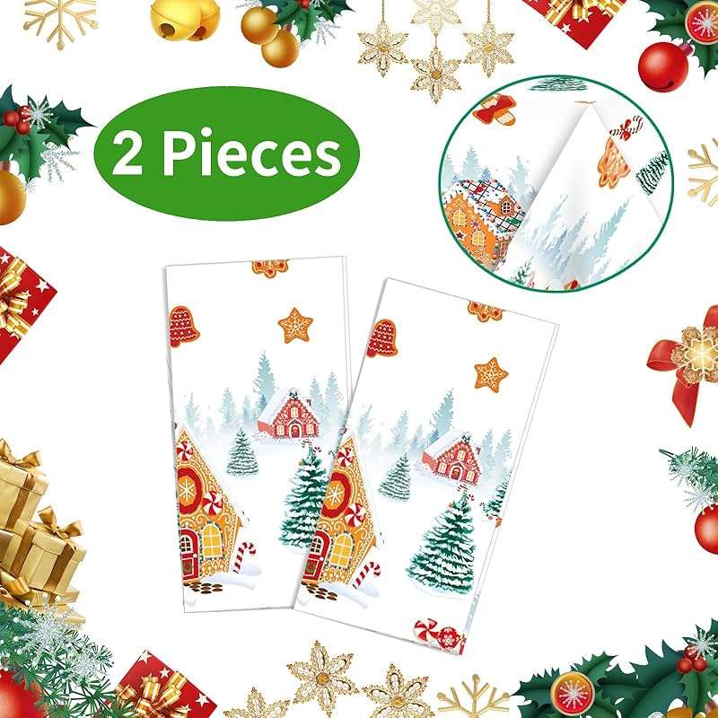 PHOGARY 2 Pack Christmas Tablecloths Gingerbread Tablecloth, Gingerbread House Tablecloths Disposable Christmas Plastic Tablecloth for Winter Holiday Party Ginger Bread Xmas Decorations 51"X86" - Image 4