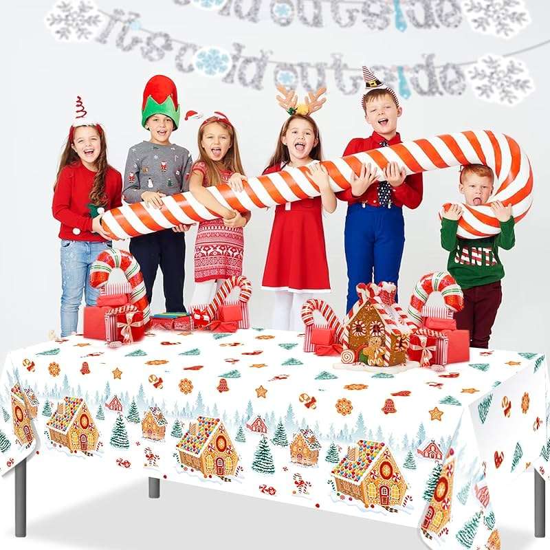 PHOGARY 2 Pack Christmas Tablecloths Gingerbread Tablecloth, Gingerbread House Tablecloths Disposable Christmas Plastic Tablecloth for Winter Holiday Party Ginger Bread Xmas Decorations 51"X86" - Image 5