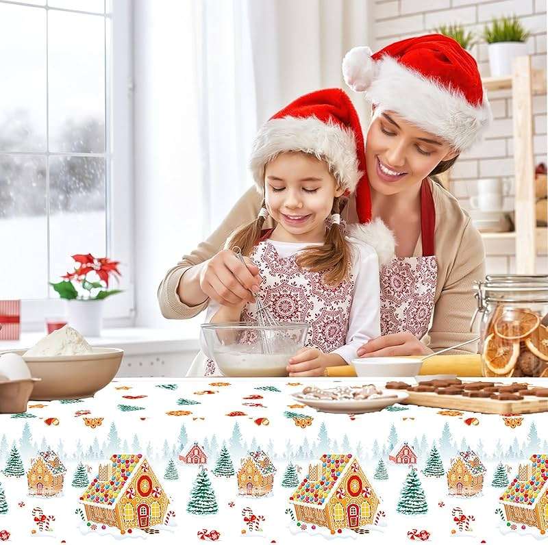 PHOGARY 2 Pack Christmas Tablecloths Gingerbread Tablecloth, Gingerbread House Tablecloths Disposable Christmas Plastic Tablecloth for Winter Holiday Party Ginger Bread Xmas Decorations 51"X86" - Image 6