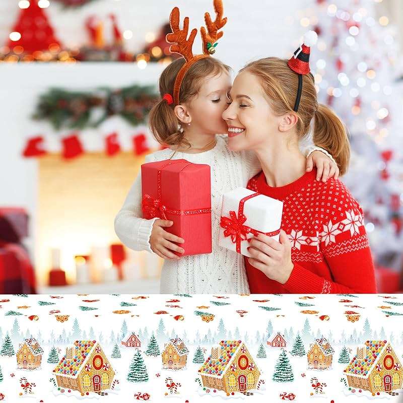 PHOGARY 2 Pack Christmas Tablecloths Gingerbread Tablecloth, Gingerbread House Tablecloths Disposable Christmas Plastic Tablecloth for Winter Holiday Party Ginger Bread Xmas Decorations 51"X86" - Image 7
