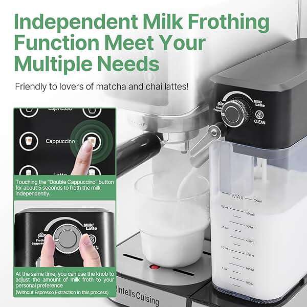 URintells Cuising Espresso Machine 20 Bar, Touchscreen Espresso Maker with Automatic Milk Frother for Cappuccino Latte, Expresso Coffee Machine for Home with Dual Heating System and Dual Pump - Image 5