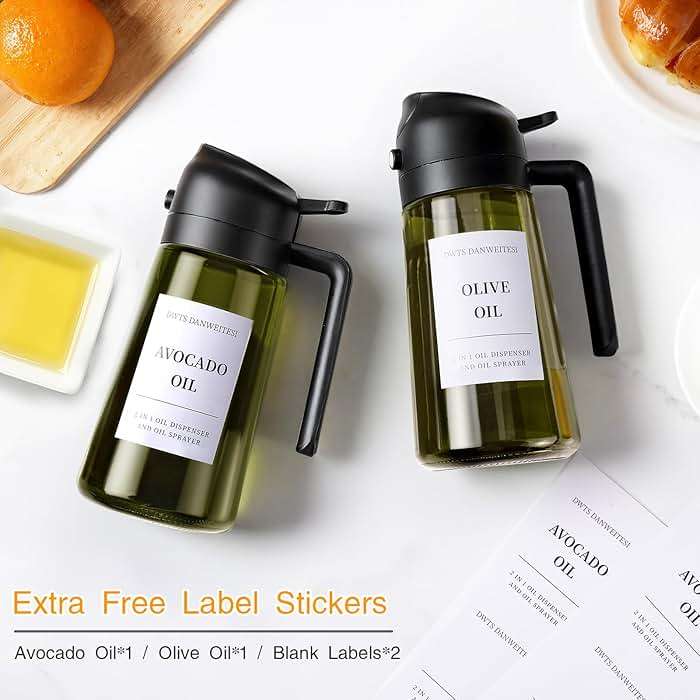 DWTS DANWEITESI Oil Sprayer for Cooking 2pcs,2 in 1 Oil Dispenser and Oil Sprayer Kitchen Gadgets,16oz Dark Green Glass Oil Spray Bottle(Light Blockage),Perfect Kitchen Accessories - Image 2