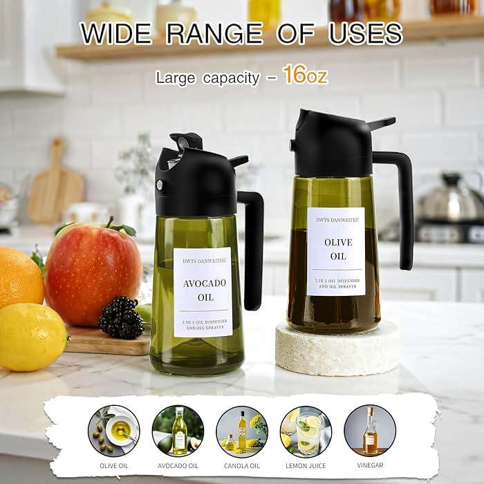 DWTS DANWEITESI Oil Sprayer for Cooking 2pcs,2 in 1 Oil Dispenser and Oil Sprayer Kitchen Gadgets,16oz Dark Green Glass Oil Spray Bottle(Light Blockage),Perfect Kitchen Accessories - Image 6