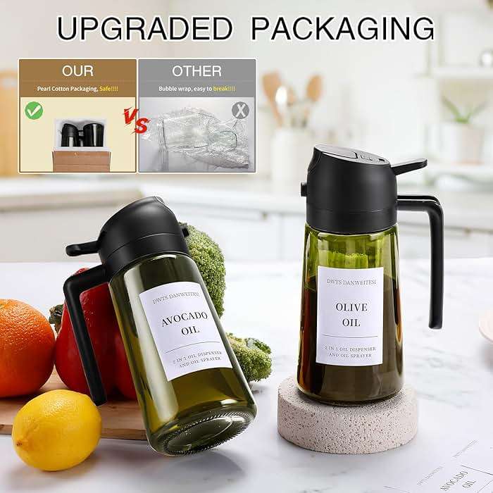 DWTS DANWEITESI Oil Sprayer for Cooking 2pcs,2 in 1 Oil Dispenser and Oil Sprayer Kitchen Gadgets,16oz Dark Green Glass Oil Spray Bottle(Light Blockage),Perfect Kitchen Accessories - Image 8