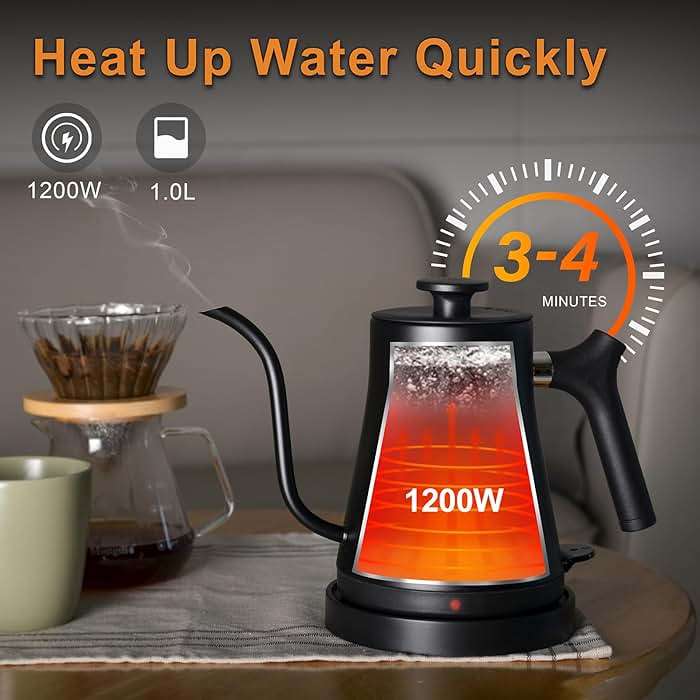 Electric Gooseneck Kettle, 304 Stainless Steel Coffee Kettle, Auto Shutoff Anti-dry Protection, Classic Pour-over Coffee & Tea,Matte Black 1.0L-1200W Fast Boiling Water Boiler by YUIOASE - Image 3