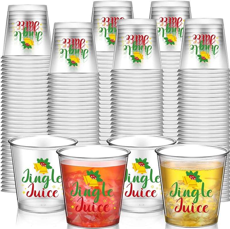 Nuogo 100 Pcs Disposable Christmas Glasses, 2.87oz Plastic Clear Holiday Glasses Mini Cups for Christmas New Year Party Gift Supplies(Jingle Juice) - Image 1