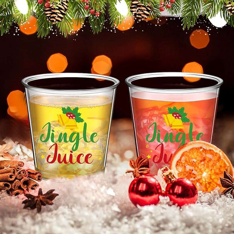 Nuogo 100 Pcs Disposable Christmas Glasses, 2.87oz Plastic Clear Holiday Glasses Mini Cups for Christmas New Year Party Gift Supplies(Jingle Juice) - Image 2