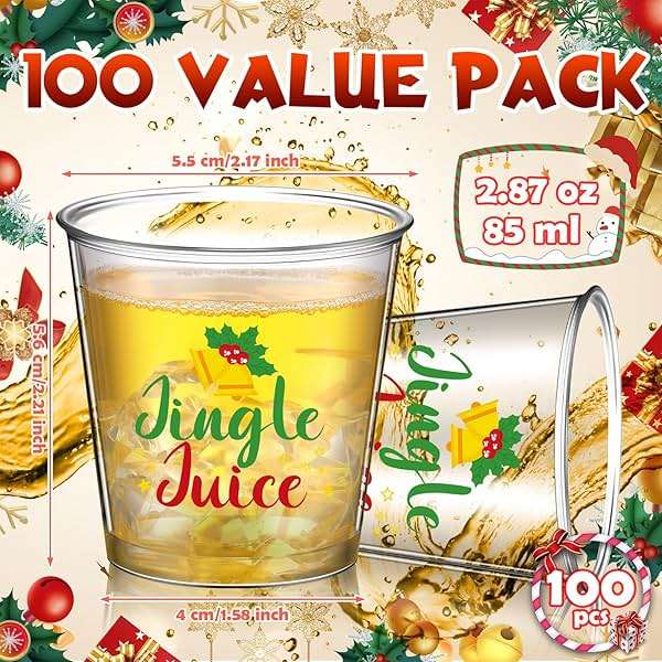 Nuogo 100 Pcs Disposable Christmas Glasses, 2.87oz Plastic Clear Holiday Glasses Mini Cups for Christmas New Year Party Gift Supplies(Jingle Juice) - Image 3
