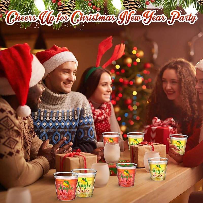 Nuogo 100 Pcs Disposable Christmas Glasses, 2.87oz Plastic Clear Holiday Glasses Mini Cups for Christmas New Year Party Gift Supplies(Jingle Juice) - Image 7