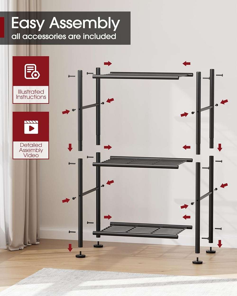 Sakugi Storage Shelves - 3 Tier Shelf Organizer, Sturdy Metal Garage Shelving with Adjustable Leveling Feet, Space-Saving Shelves Organizer for Pantry, Laundry, Kitchen (18" x 12" x 30", Black) - Image 7