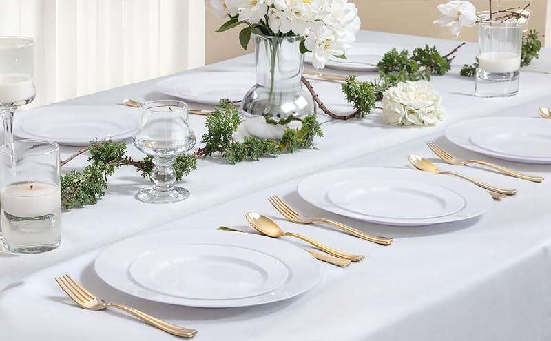 FLOWERCAT 200PCS White Plastic Plates Disposable Plates for Party - White Bulk Plastic Plates - 100 10" Dinner Plates and 100 7" Salad Plates for Wedding & Summer Parties and Events - Image 7