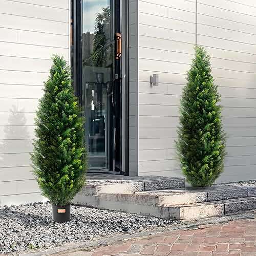 VEVOR Artificial Topiary Cedar Tree, 48 inch Tall (2 Pieces), with Extra Leaves & Pot Faux Evergreen Fake Pine Cypress Trees Plant, UV Rated Artificial Greenery Set for Home Decor Indoor/Outdoor - Image 2