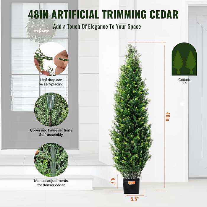 VEVOR Artificial Topiary Cedar Tree, 48 inch Tall (2 Pieces), with Extra Leaves & Pot Faux Evergreen Fake Pine Cypress Trees Plant, UV Rated Artificial Greenery Set for Home Decor Indoor/Outdoor - Image 3