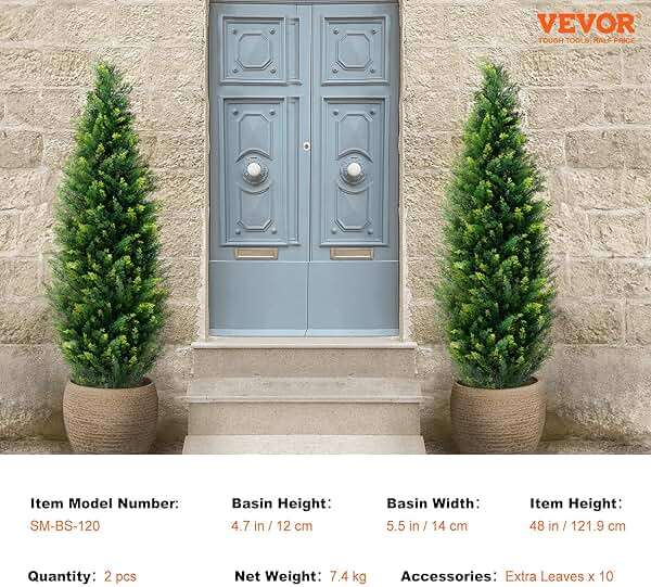 VEVOR Artificial Topiary Cedar Tree, 48 inch Tall (2 Pieces), with Extra Leaves & Pot Faux Evergreen Fake Pine Cypress Trees Plant, UV Rated Artificial Greenery Set for Home Decor Indoor/Outdoor - Image 9