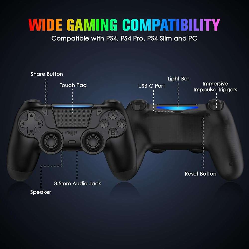 Fisherg 2 Pack Controllers with Charging Dock Station for PS4 Controller, Wireless Controller Compatible with PS4/Pro/Slim Consoles, with LED Charging Dock, Black - Image 2