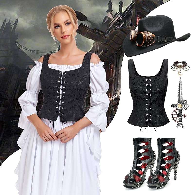 Zando Women Renaissance Corset Vest Pirate Costumes Viking Medieval Corset Top - Image 4
