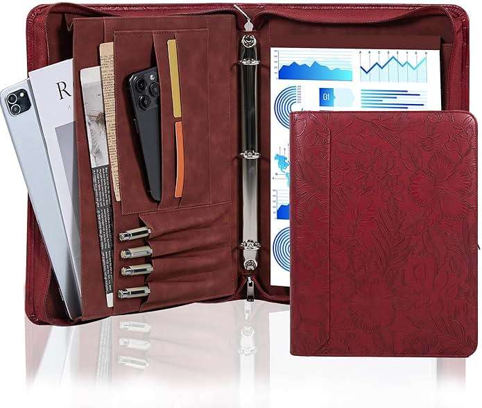 AZXCG Embossed Padfolio for Women,Zippered Padfolio with 3 Ring Binder,Business Portfolio Organizer for Women with A4 Writing Pad Holder, Leather Portfolio for Meeting,Gift for Valentine's Day - Image 1