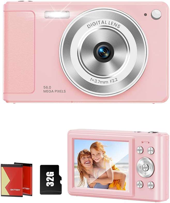 Digital Camera 56MP 1080P Point & Shoot Camera 32GB SD, 2 Batteries Lanyard | Type-C Cable, Camera Bag Included, 20 Photo Filters, Burst Mode, Girls & Kids Aged 3+， Ideal for Teens, 1-Year Support - Image 1