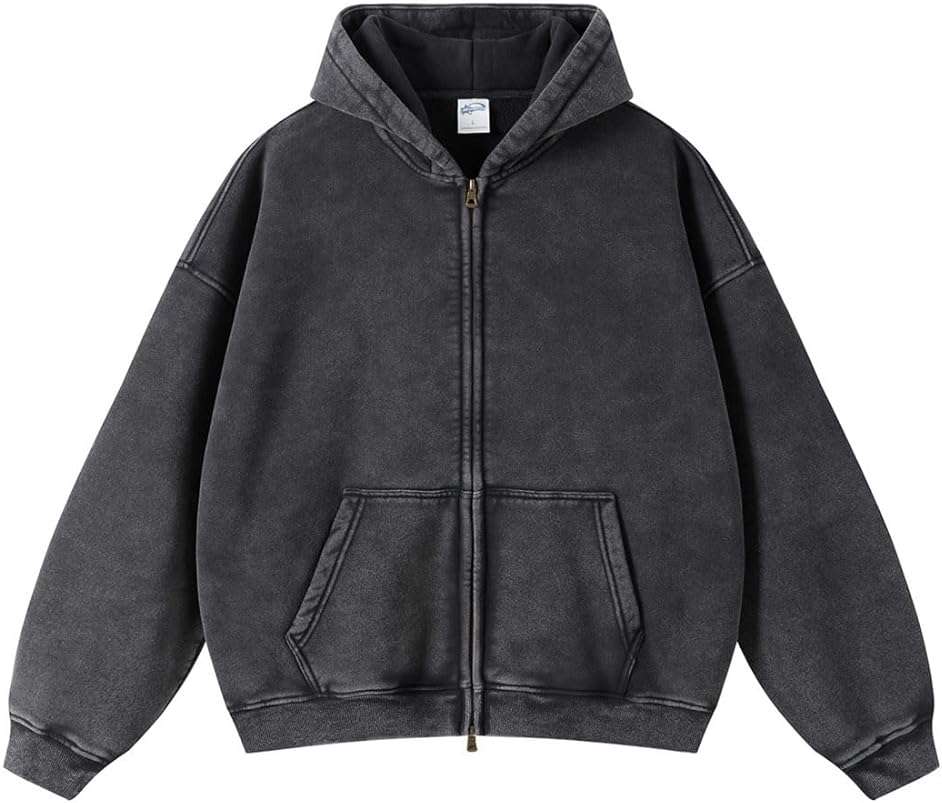 DXSHCV Oversize Men's Vintage Hoodie Zip Up Long Sleeve Sweatshirt with Pockets Acid Wash Streetwear Fleece Hoodies Jacket - Image 1