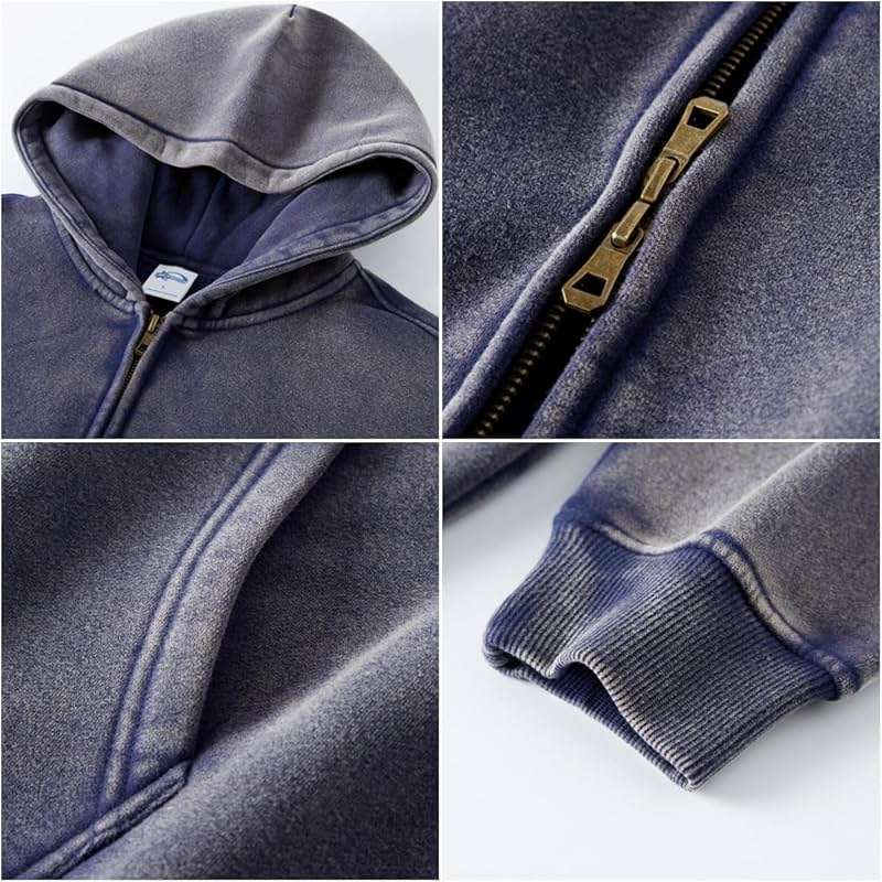 DXSHCV Oversize Men's Vintage Hoodie Zip Up Long Sleeve Sweatshirt with Pockets Acid Wash Streetwear Fleece Hoodies Jacket - Image 3