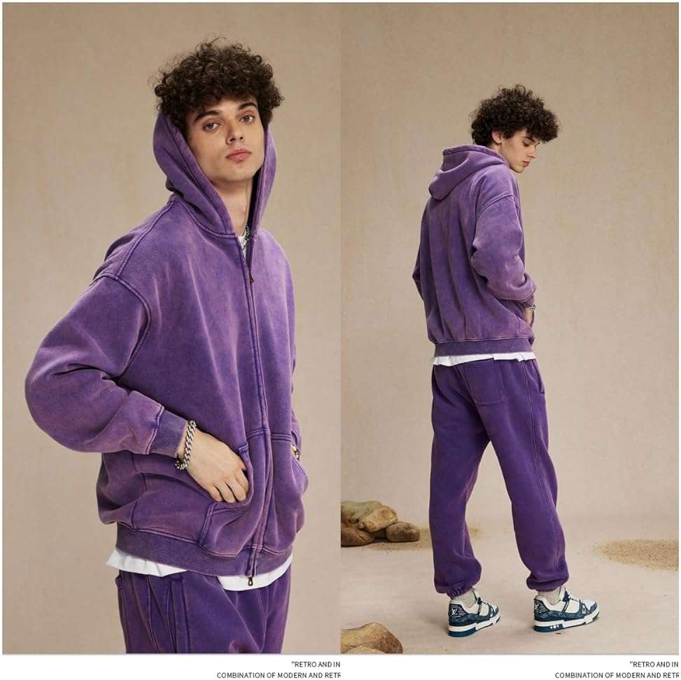 DXSHCV Oversize Men's Vintage Hoodie Zip Up Long Sleeve Sweatshirt with Pockets Acid Wash Streetwear Fleece Hoodies Jacket - Image 6