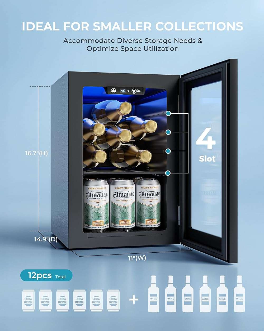 EUHOMY 18L Beverage Refrigerator Cooler, 24 Cans Mini Fridge with Quiet Compressor, Countertop Small Fridge with 40°F-61°F Digital Temperature Control, LED Lgiht for Home, Bar, Office - Image 2