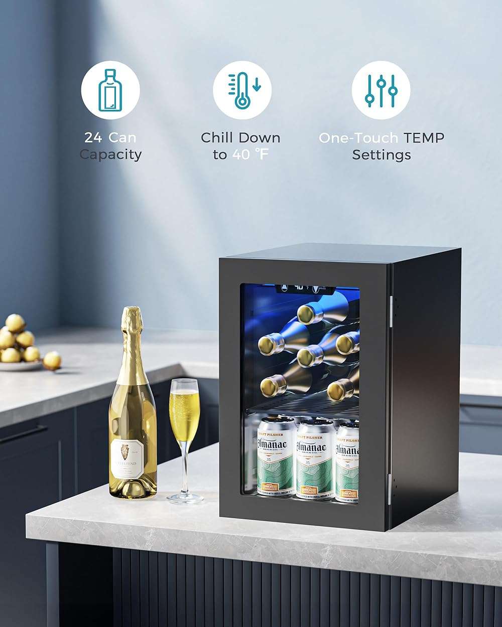 EUHOMY 18L Beverage Refrigerator Cooler, 24 Cans Mini Fridge with Quiet Compressor, Countertop Small Fridge with 40°F-61°F Digital Temperature Control, LED Lgiht for Home, Bar, Office - Image 6