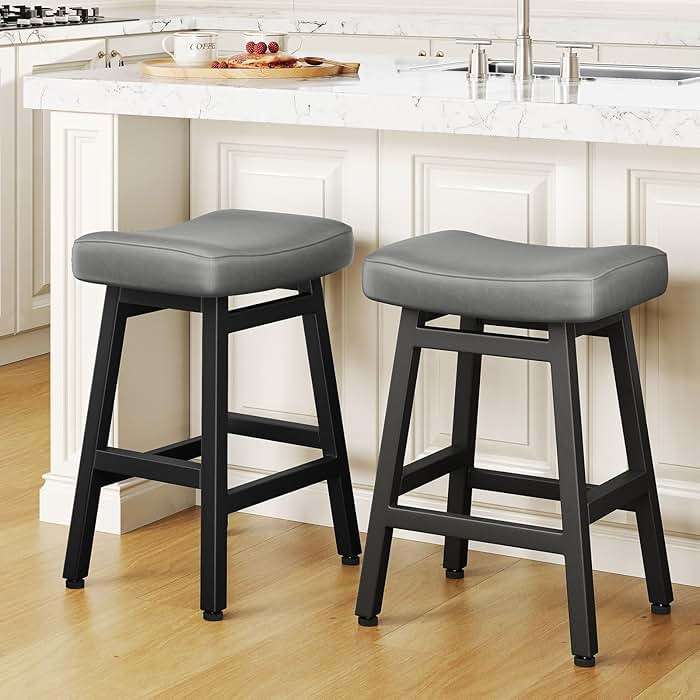 Raynesys Counter Height Bar Stools Set of 2, 24 Inch Barstools for Kitchen Counter, Kitchen Stools with Bonded Leather Saddle Seats & Heavy Duty Metal Legs, Easy Assembly, Gray/Black - Image 1