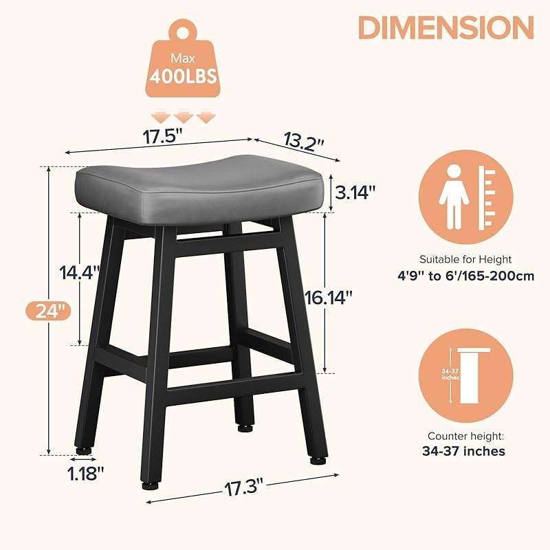 Raynesys Counter Height Bar Stools Set of 2, 24 Inch Barstools for Kitchen Counter, Kitchen Stools with Bonded Leather Saddle Seats & Heavy Duty Metal Legs, Easy Assembly, Gray/Black - Image 2