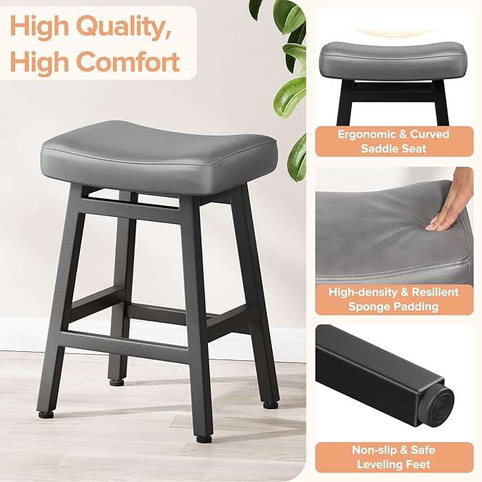 Raynesys Counter Height Bar Stools Set of 2, 24 Inch Barstools for Kitchen Counter, Kitchen Stools with Bonded Leather Saddle Seats & Heavy Duty Metal Legs, Easy Assembly, Gray/Black - Image 3