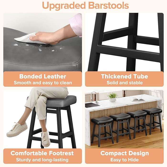Raynesys Counter Height Bar Stools Set of 2, 24 Inch Barstools for Kitchen Counter, Kitchen Stools with Bonded Leather Saddle Seats & Heavy Duty Metal Legs, Easy Assembly, Gray/Black - Image 4