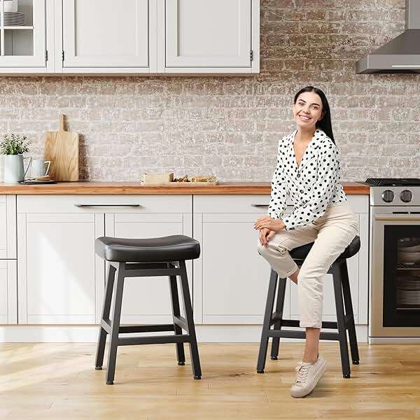 Raynesys Counter Height Bar Stools Set of 2, 24 Inch Barstools for Kitchen Counter, Kitchen Stools with Bonded Leather Saddle Seats & Heavy Duty Metal Legs, Easy Assembly, Gray/Black - Image 5