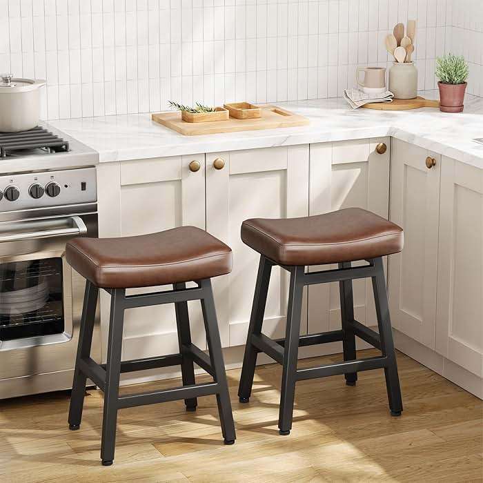 Raynesys Counter Height Bar Stools Set of 2, 24 Inch Barstools for Kitchen Counter, Kitchen Stools with Bonded Leather Saddle Seats & Heavy Duty Metal Legs, Easy Assembly, Gray/Black - Image 6