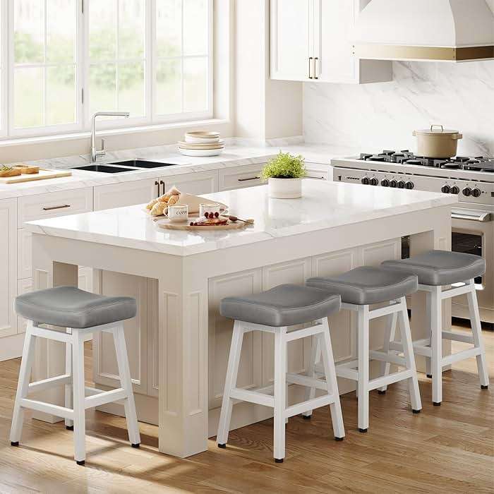 Raynesys Counter Height Bar Stools Set of 2, 24 Inch Barstools for Kitchen Counter, Kitchen Stools with Bonded Leather Saddle Seats & Heavy Duty Metal Legs, Easy Assembly, Gray/Black - Image 7