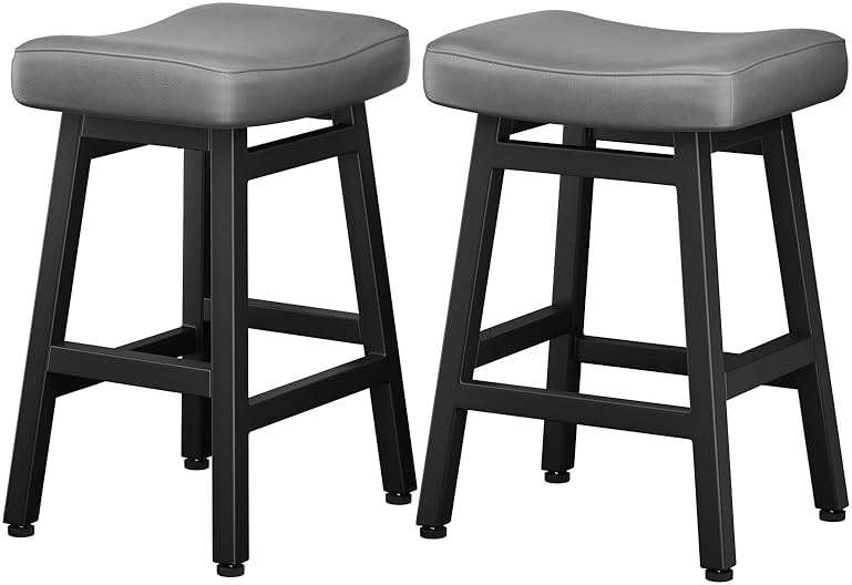 Raynesys Counter Height Bar Stools Set of 2, 24 Inch Barstools for Kitchen Counter, Kitchen Stools with Bonded Leather Saddle Seats & Heavy Duty Metal Legs, Easy Assembly, Gray/Black - Image 9