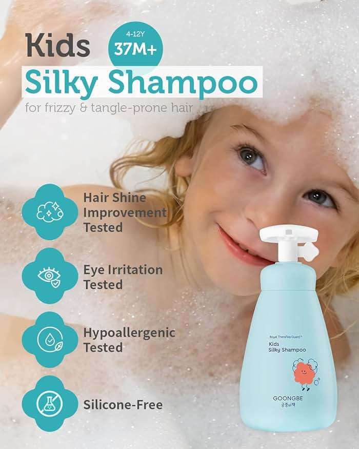 GOONGBE Kids' Detangling Shampoo - Silky Shine for Frizzy Tangle-Prone Hair – Silicone-Free Low pH with Silk Protein & Macadamia Oil – Tear-Free Tested, 25 Allergen-Free – Korean K-Beauty, 10.1 fl oz - Image 2