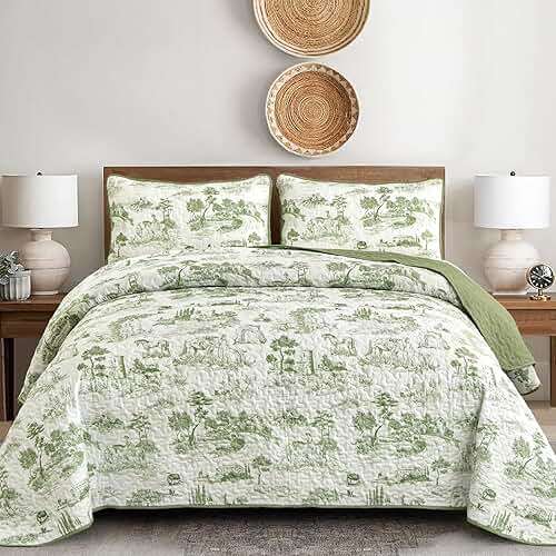Drucon Sage Green Farmhouse Quilt Set King Size, Spring Toile Rustic Bedspreads, 3 Pieces Village Landscape Printed Coverlet, Soft Microfiber Quilt Bedding Set for All Season (106x90 Inch) - Image 1