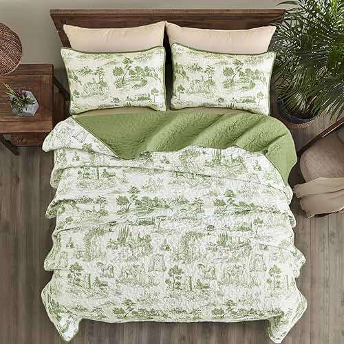 Drucon Sage Green Farmhouse Quilt Set King Size, Spring Toile Rustic Bedspreads, 3 Pieces Village Landscape Printed Coverlet, Soft Microfiber Quilt Bedding Set for All Season (106x90 Inch) - Image 3
