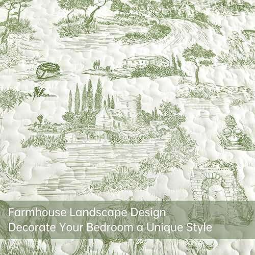 Drucon Sage Green Farmhouse Quilt Set King Size, Spring Toile Rustic Bedspreads, 3 Pieces Village Landscape Printed Coverlet, Soft Microfiber Quilt Bedding Set for All Season (106x90 Inch) - Image 4